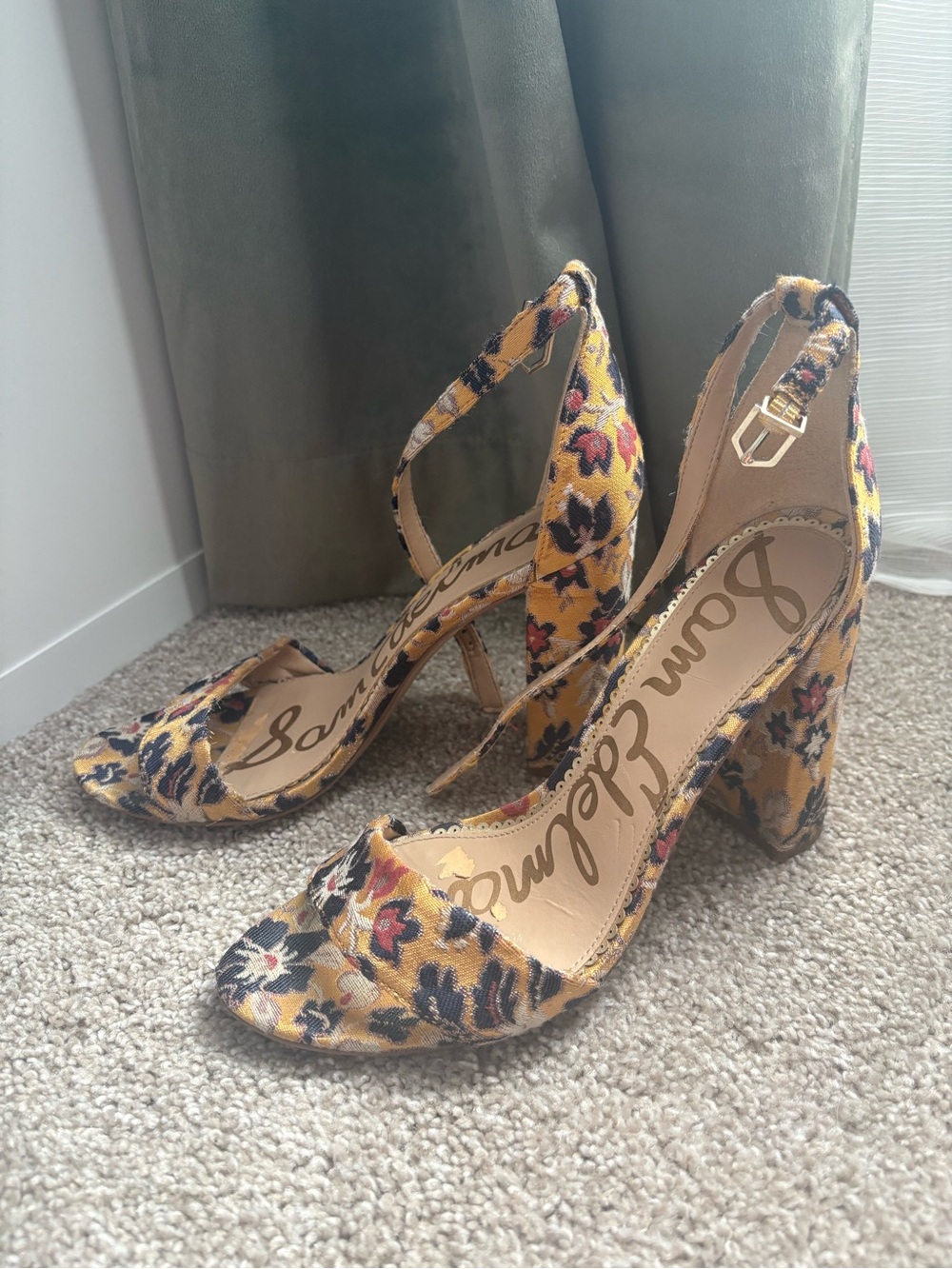 Sam Edelman Yellow Yaro Floral Open-Toe Block Heels with Ankle Strap
